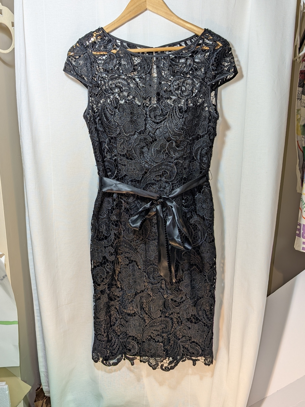 Adrianna Papell Black Lace Midi Dress with Satin Waist Tie